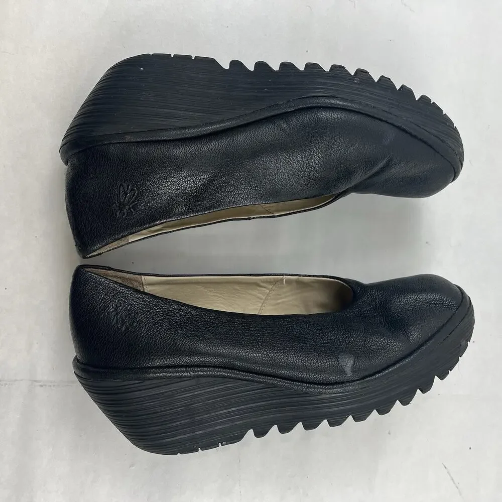 FLY London Yaz Black Leather Wedge Pumps Slip On EU 41 US 10 Made Portugal